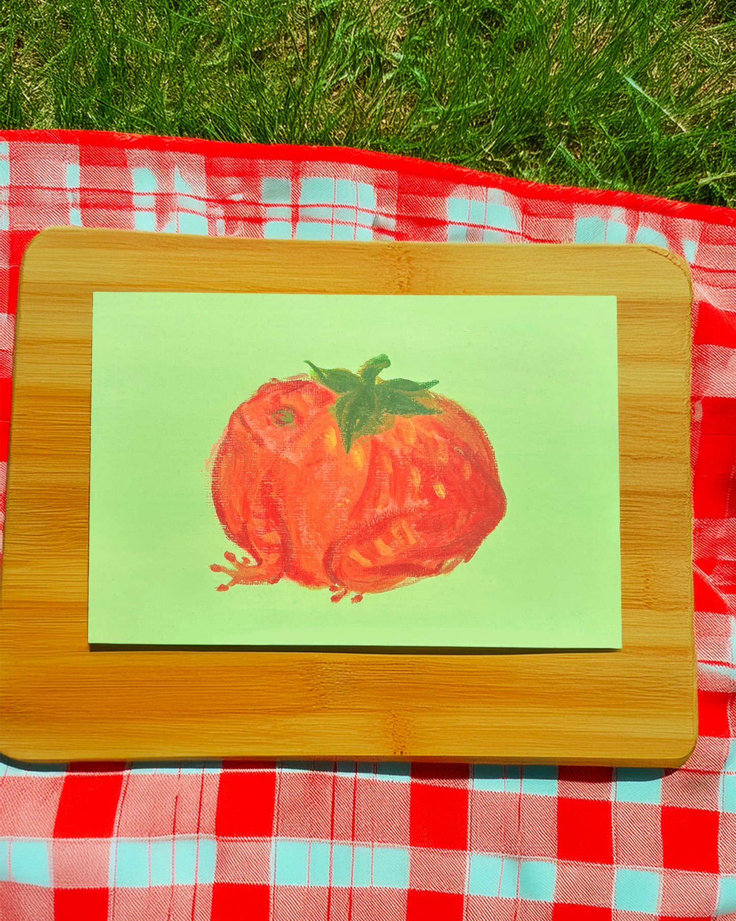Card with a tomato illustration on a wooden board over a red and blue checkered cloth.