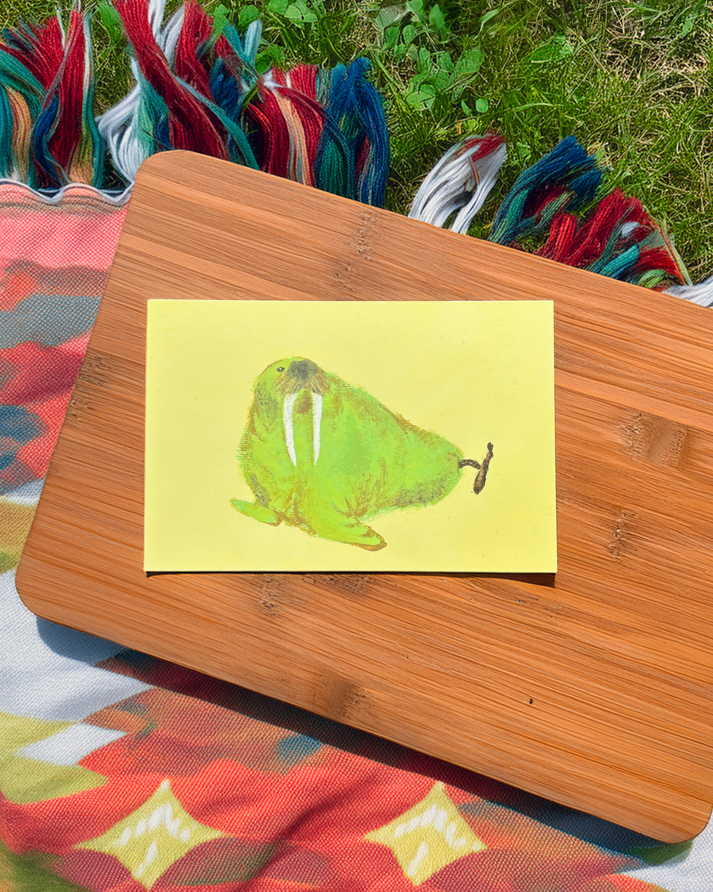 Card with a green creature on a yellow background, placed on a wooden board with a colorful fabric underneath.