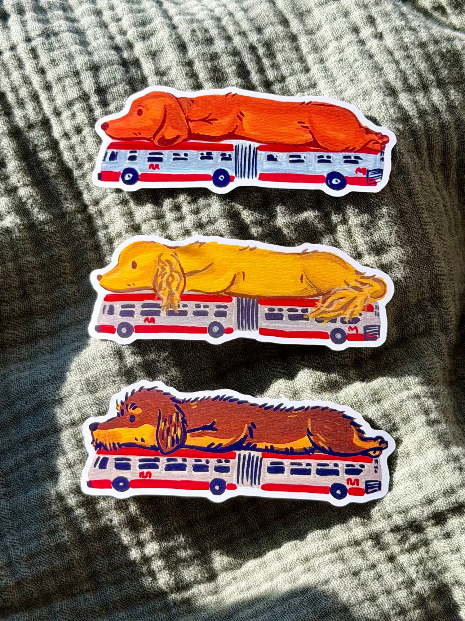 Dachshund vinyl sticker set featuring wiener dogs lounging on a city bus
