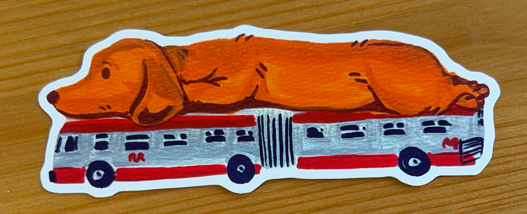 Sticker of a dachshund on a city bus.