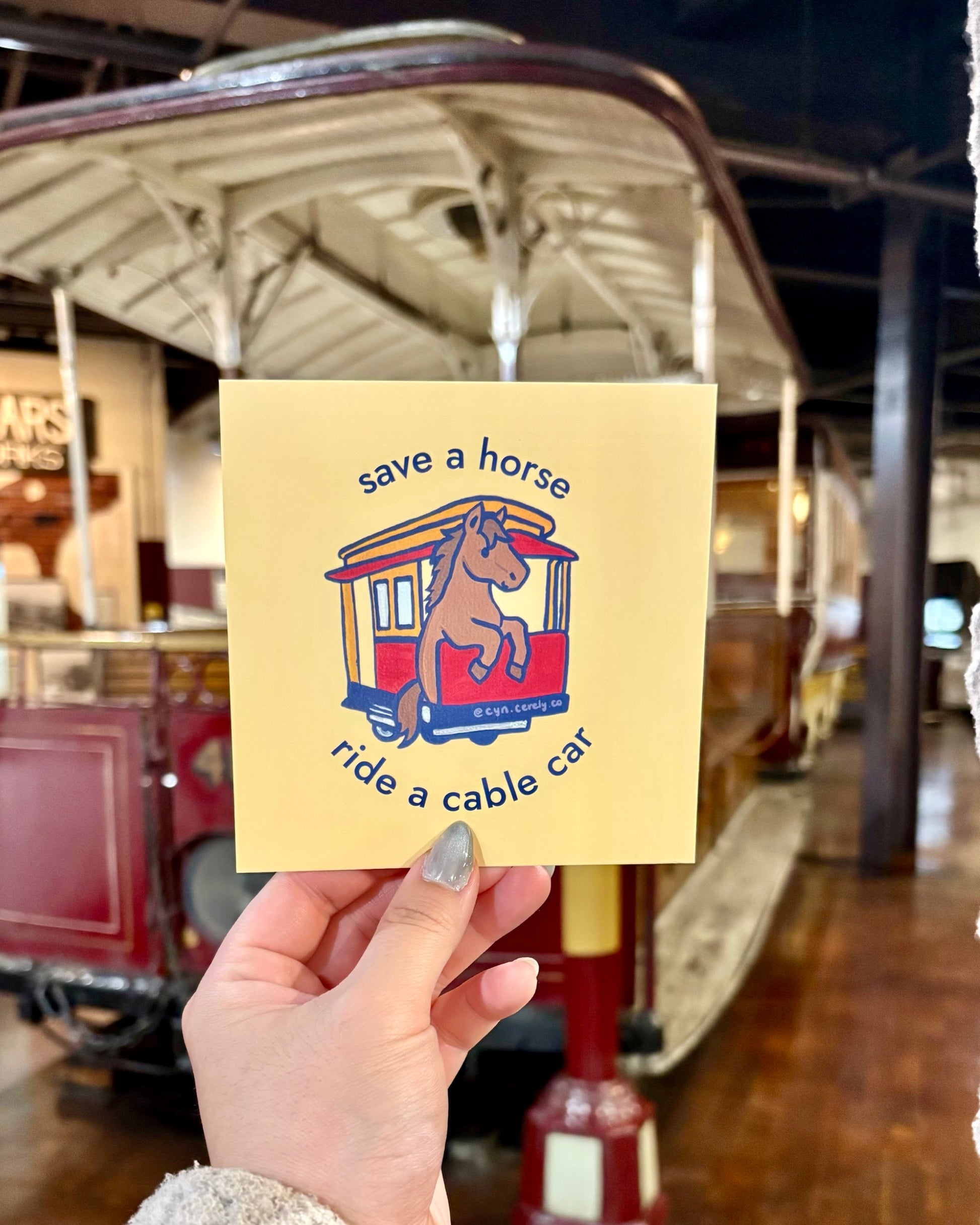 Horse riding a San Francisco cable car postcard
