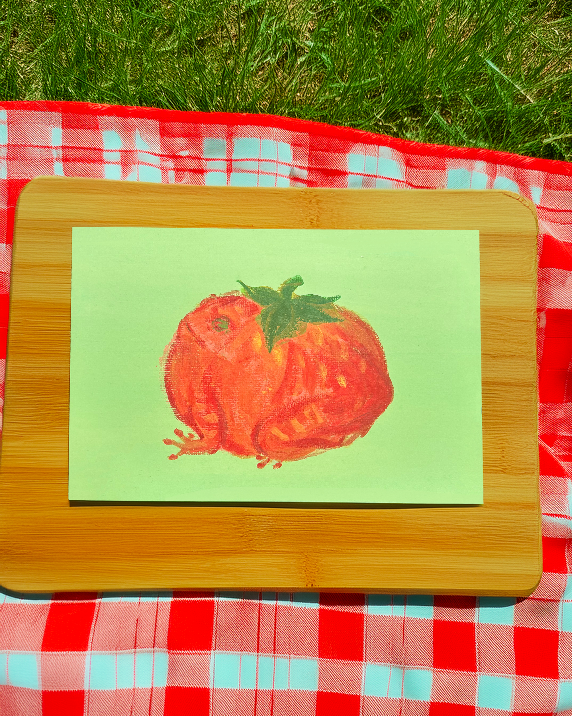 Card with a tomato illustration on a wooden board over a red and blue checkered cloth.